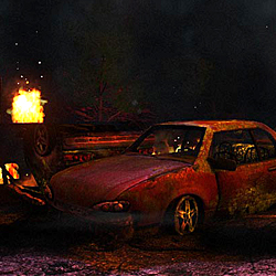 This scene is centered around car wreckage, with some other props. 

        The main effects going on are fire, smoke, embers, and dust. All the props were modeled in Maya and textured in Photoshop and Crazy Bump. The scene and visual effects were assembled in Unreal.